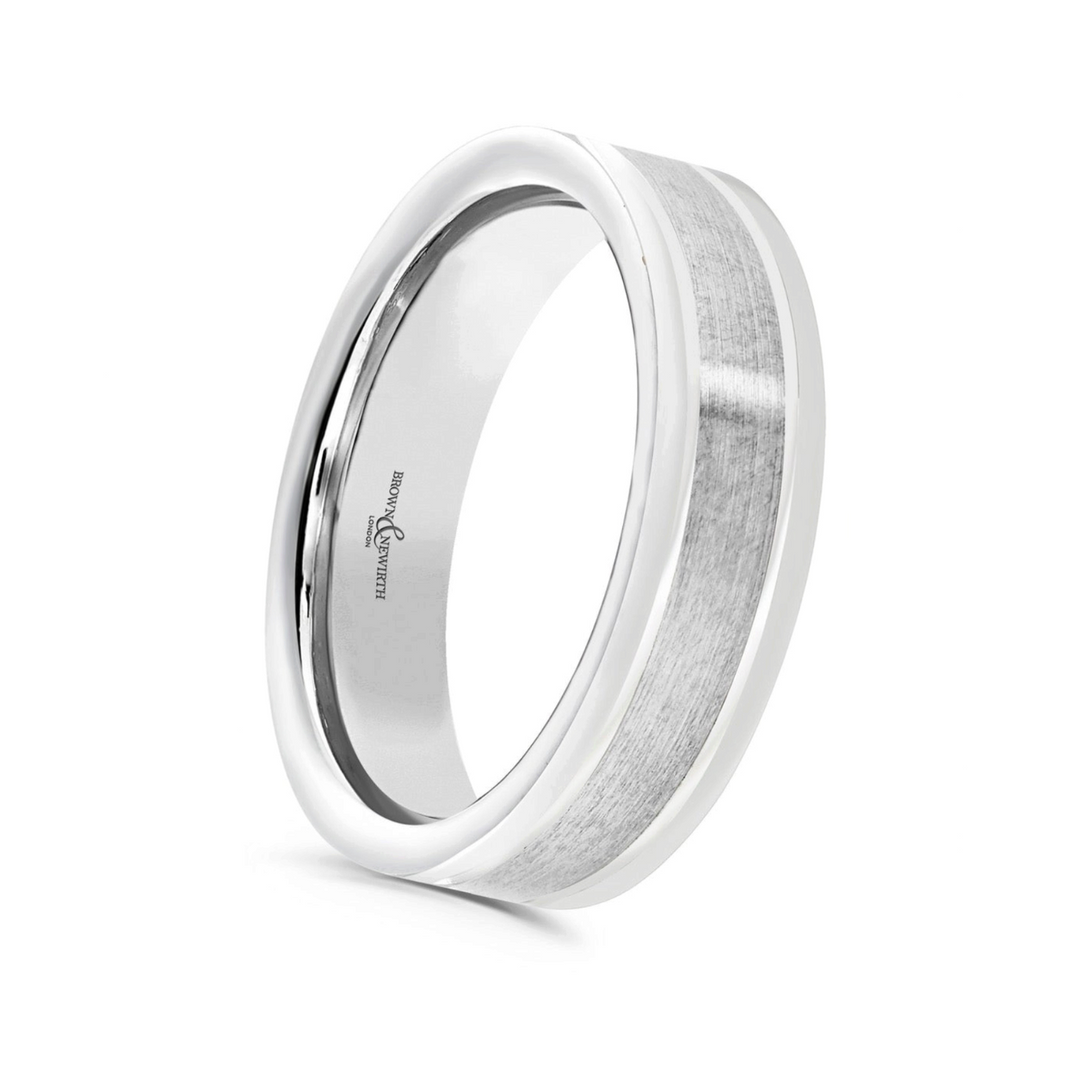 Niche Jewellery Brown & Newirth Aquila men's wedding ring with a flat top, matt finish, and polished bevelled edges.