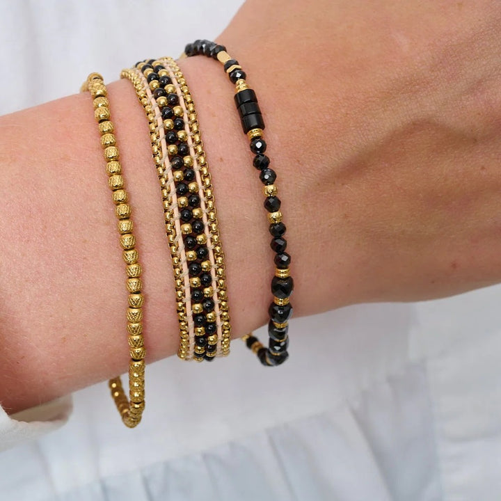 Boho Betty Yasmin Gold and Black Spinel Stretch Bead Bracelet
