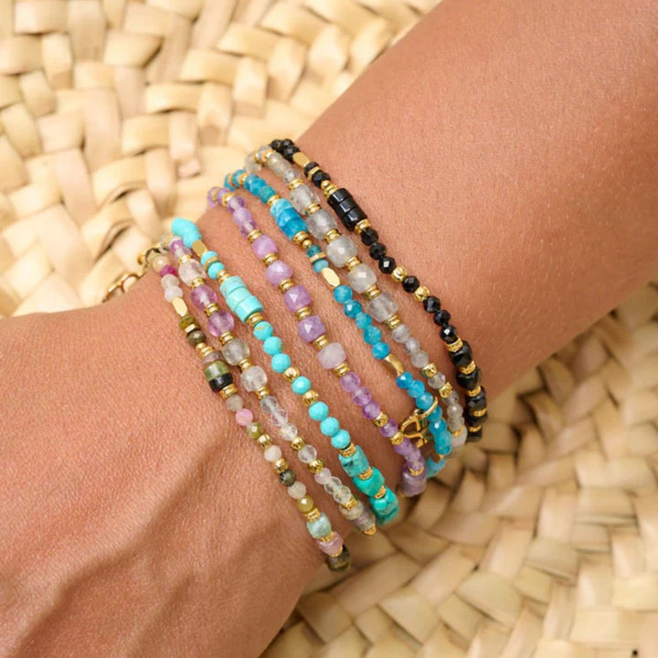 Boho Betty Yasmin Gold and Labradorite Stretch Bead Bracelet. Item code BRYALAGLD.
