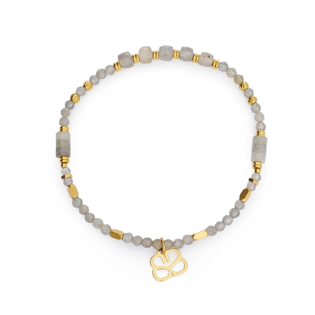 Boho Betty Yasmin Gold and Labradorite Stretch Bead Bracelet. Item code BRYALAGLD.