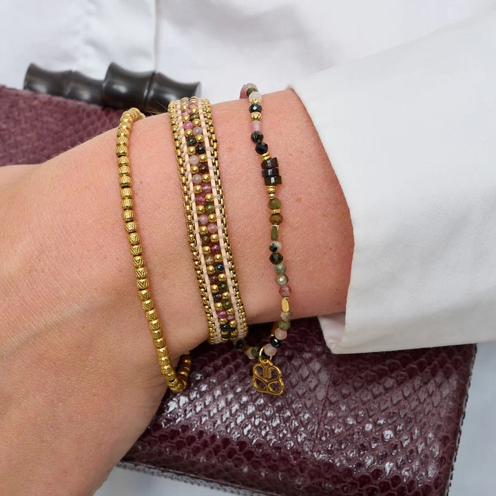 Boho Betty Yasmin Gold and Tourmaline Stretch Bead Bracelet. Item code BRYATOGLD.