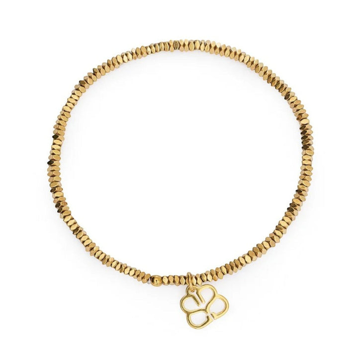 Niche Jewellery Boho Betty Zora gold bead bracelet with butterfly charm. Faceted beads, stretch fit, 14k PVD gold finish.