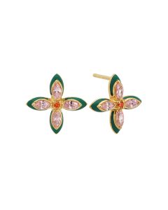 Amelia Scott Lucky Clover Gold Stud Earrings with Green Enamel and Blush Pink