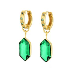 Shyla Bardot Huggie Hoop Gold Earrings - Emerald Green